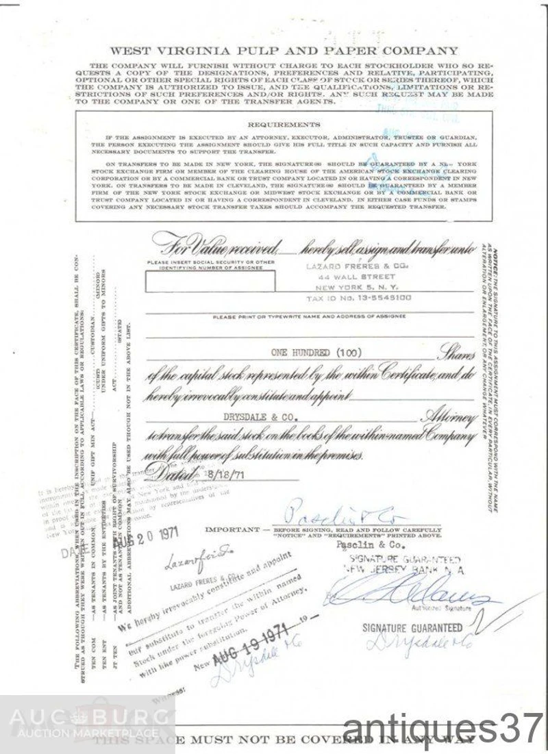 Акция Целлюлозно-бумажная компания Западной Вирджинии, США (1960-е годы) - additional Photos